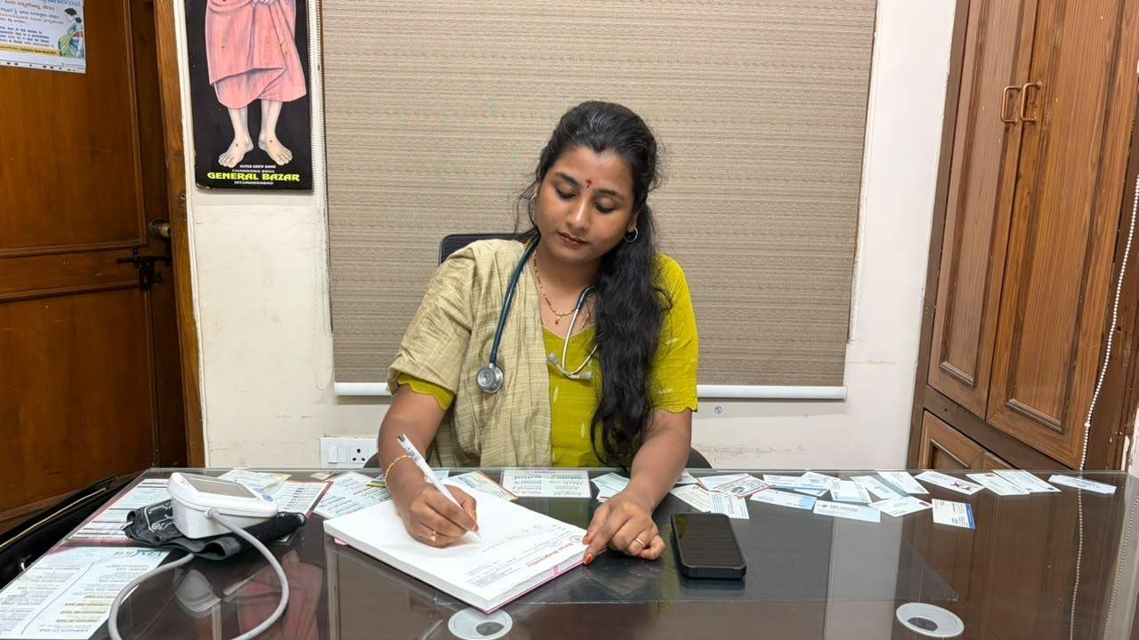 Dr. Pranathi writing notes at her clinic desk